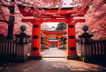 Gordijnen Red gate of Hase-dera Temple with cherry blossoms in full bloom © Gorilla Studio