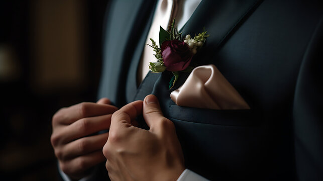 A man puts a boutonnière on a suit, boutonnière , formal occasion, ceremony, formally dressed man - created with generative AI technology 