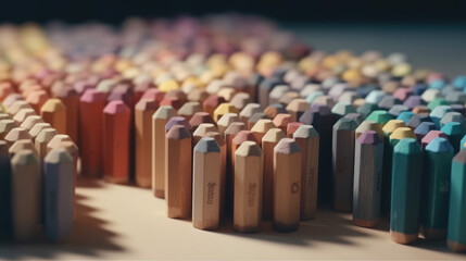 Obraz premium Multicolored pencils with wooden blocks on white background.