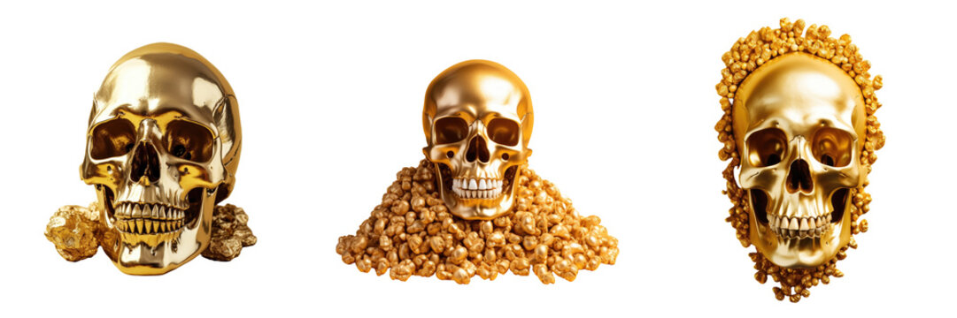 Golden nuggets on transparent background inside skull