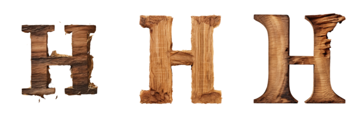 Wooden uppercase letter H with rough rural brown color wood texture isolated on transparent background