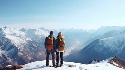 Keuken foto achterwand Alpen Couple with backpacks hiking in snowy mountains enjoying mountain view in winter.