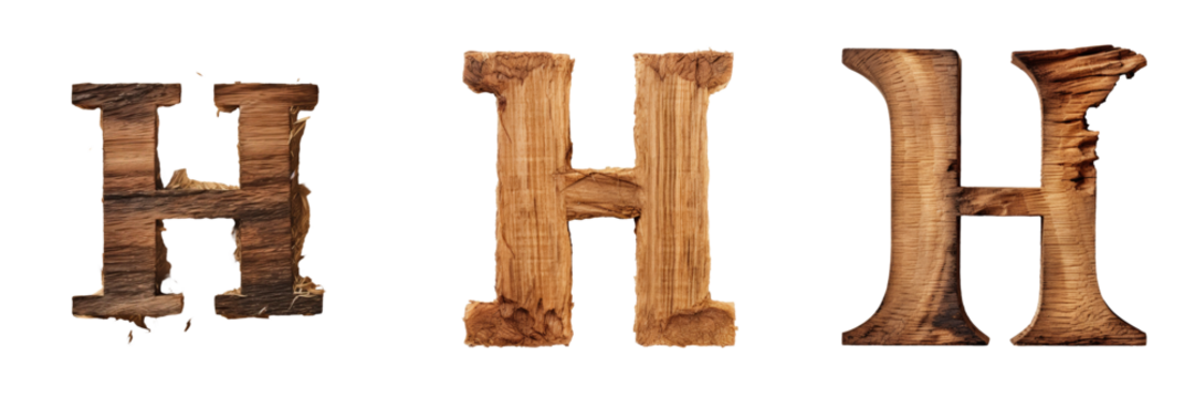 Wooden uppercase letter H with rough rural brown color wood texture isolated on transparent background