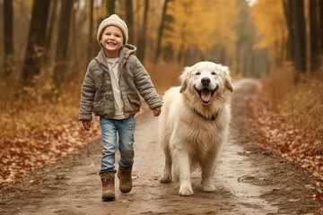 Happy joyful little boy walking with dog white golden retriever puppy in beautiful autumn forest