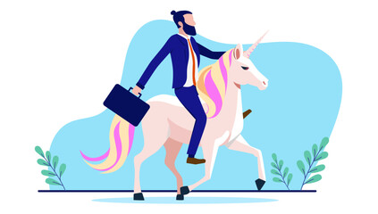 Businessman fantasy - Business vector illustration of man riding unicorn with briefcase and white collar corporate clothing. Flat design with white background