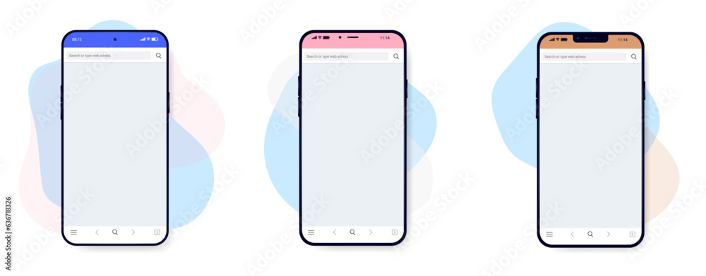Leinwandbilder Mobile phone mockup set - Collection of smartphones with blank browser screen with abstract blob shape design element background. Flat design vector illustrations