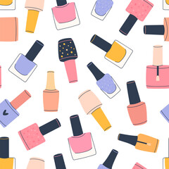 Obraz premium Flat vector seamless pattern with bottles of nail polishes of different colors. Isolated design on a white background.