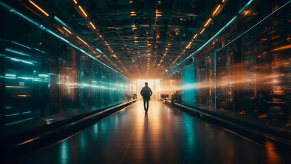 Businessman walking in interior with abstract luminous triangle corridor. Innovation and modern concept