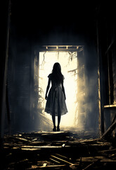 Lonely Girl stands in dark room, in-front of door light, dramatic light, horror movie poster