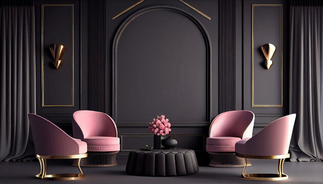 Large master living room in dark black gray colors. Rose pink set of chairs and gold table. Background blank wall blank for wallpaper or paintings. Luxury lounge or reception Ai generated imag