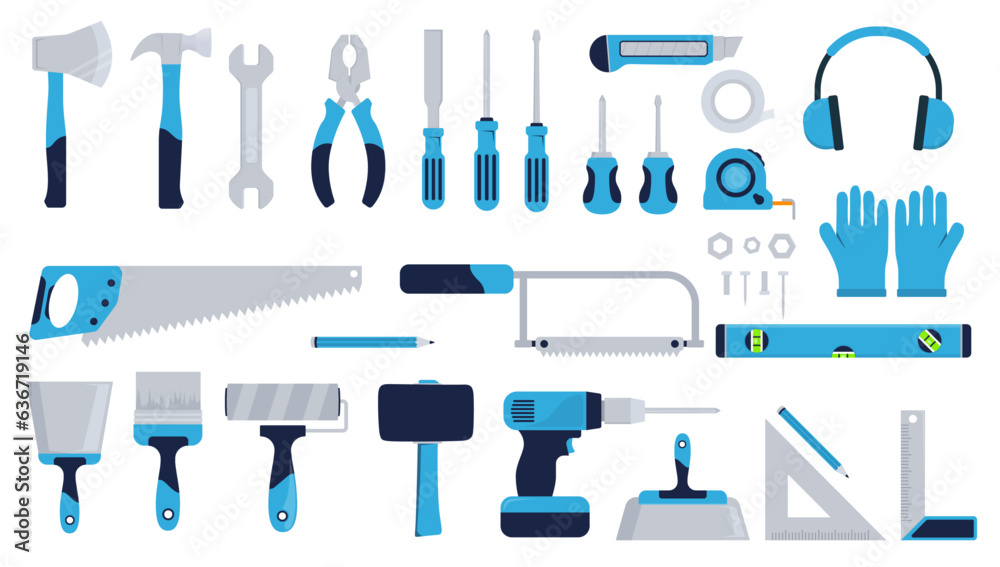 Wall mural construction tools set - vector collection of various hand tool designs, saw, hammer, screwdriver, p