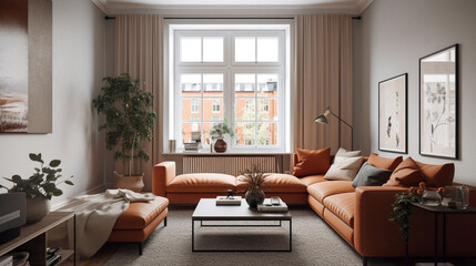 livingroom working area white and light wood tone interior. Generative AI