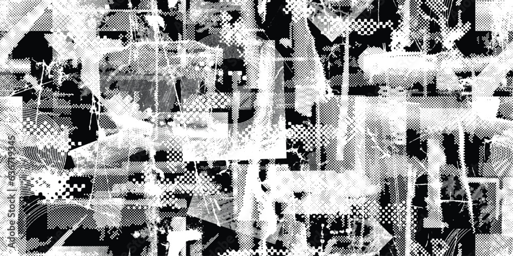 Leinwandbilder Glitch distorted grungy abstract forms . Halftone dots seamless pattern . Grange shapes .Grunge d . Vector shapes with half tone dots .Screen print endless pattern