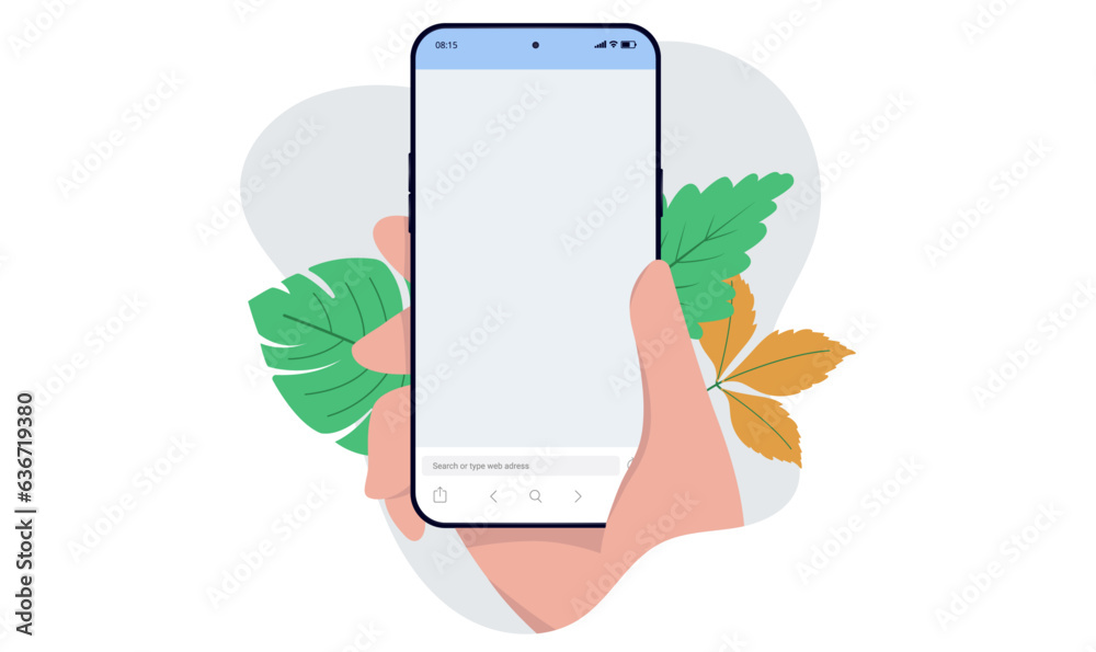 Aufkleber decorative phone in hand mockup - holding smartphone with blank browser screen in abstract shape fra
