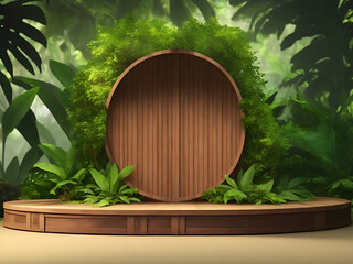 wooden podium platform on blurred tropical forest nature background, product presentation display template