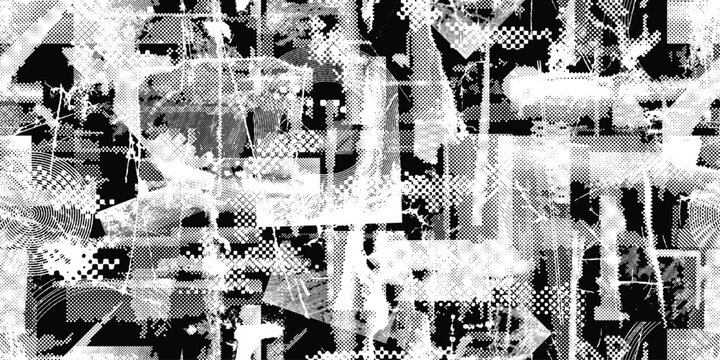 Glitch distorted grungy abstract forms . Halftone dots seamless pattern . Grange shapes .Grunge d . Vector shapes with half tone dots .Screen print endless pattern