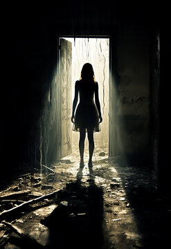 Lonely Girl stands in dark room, in-front of door light, dramatic light, horror movie poster
