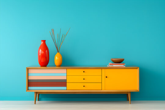 Colorful interior living room sideboard on empty wall modern contemporary design