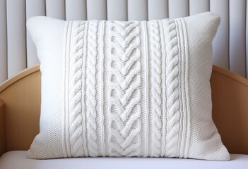 White knitted pillow on bed, closeup, Cozy home interior