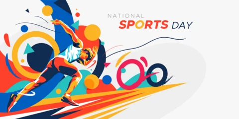 Tuinposter national sports day celebration concept, sports athlete running. world national sports celebration. sports background. © DaksaDesain