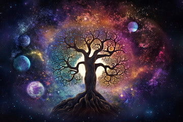 Multi-color brush lines forming a magical tree on black background.AI generated