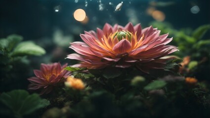 Fototapeta na wymiar pink, orange flower under water, dark image