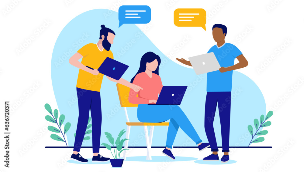 Poster Developers talking and discussing - Computer workers working and having conversation with laptops and speech bubbles. Flat design vector illustration with white background
