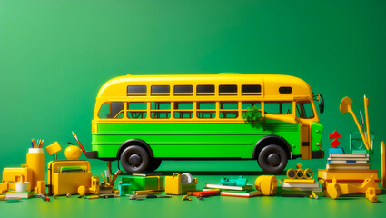 Back to School Banner: Discover the Possibilities of 3D Rendering in Designing your Dream School Bus, illustration Generative AI