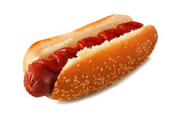 Hot dog with ketchup in a sesame seed bun. Side view isolated on a white background.