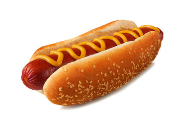 Hot dog with mustard in a sesame seed bun. Side view isolated on a white background.