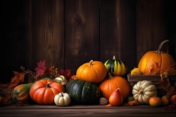 Happy Thanksgiving. Thanksgiving pumpkins and Autumn leaves. Thanksgiving Food Party. Thanksgiving Concept.Thanksgiving Background. Thanksgiving Theme. Generative Ai