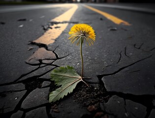 Dandelion breaks through asphalt and illustrates the strength of nature, created with generative AI