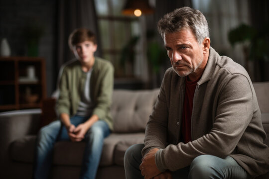 Relationship Between Father And Child. Difficult Conversation With Teenager. Serious Dad And Sad Son Sitting On Sofa And Talking. Family Problems