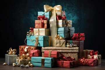 Big stack of colorful Christmas presents   christmas gift boxes 