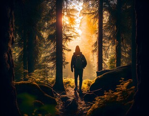 Hiking during the golden hour in a mystic landscape (Generative AI)