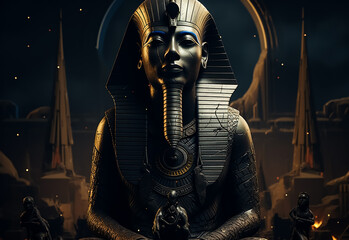 Egyptian pharaoh Sphinx statue in black marble at night in front of Giza pyramids, Old Egyptian Civilization