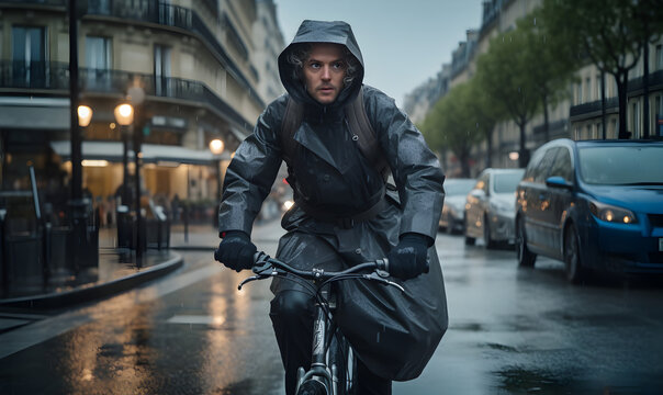 cycliste qui va au travail sous la pluie dans une grande ville europ&eacute;enne 
