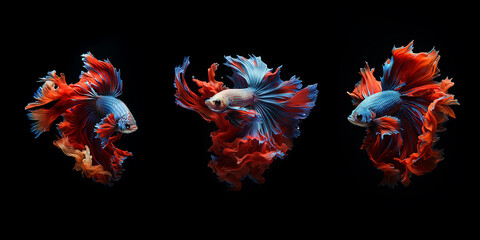 betta fish, fish fighters, ios background style, siamese fish fighting isolated on black background, betta splendens isolated beautiful tail, 