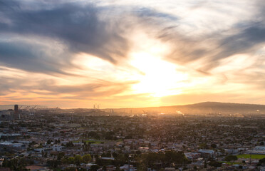 Photo of a breathtaking sunset over the iconic cityscape of Los Angeles, California