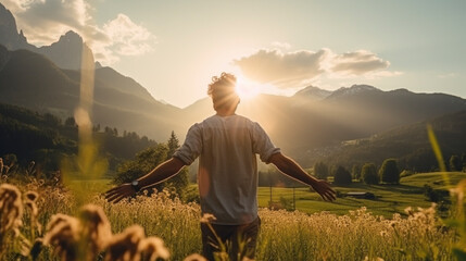 rear view carefree freedom successful male standing confident looking at the end of skyline in the grass field meadow landscape summertime sunset moment nature background,ai generate - obrazy, fototapety, plakaty