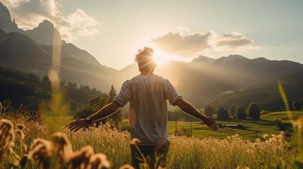  rear view carefree freedom successful male standing confident looking at the end of skyline in the grass field meadow landscape summertime sunset moment nature background,ai generate © VERTEX SPACE