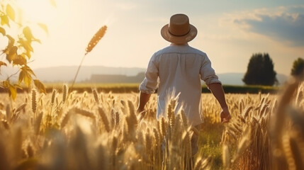 rear view carefree freedom successful male standing confident looking at the end of skyline in the grass field meadow landscape summertime sunset moment nature background,ai generate
