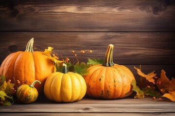 Happy Thanksgiving. Thanksgiving pumpkins and Autumn leaves. Thanksgiving Food Party. Thanksgiving Concept.Thanksgiving Background. Thanksgiving Theme. Generative Ai