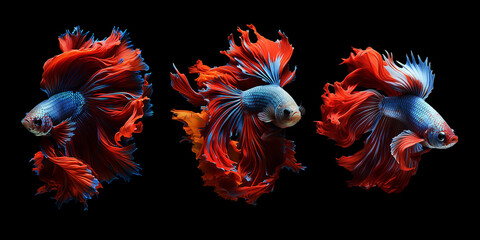 Obraz premium betta fish, fish fighters, ios background style, siamese fish fighting isolated on black background, betta splendens isolated beautiful tail, 