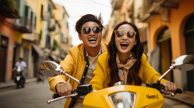 Carefree Traveller Asian Young Marry Lover Couple Enjoy Riding Town Tour Cheerful Leisure Moment In Old City Market Town Daytime Travel,ai Generate