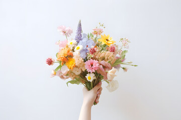 A beautiful flat lay of hands holding a bouquet of flowers