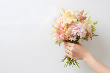 A beautiful flat lay of hands holding a bouquet of flowers