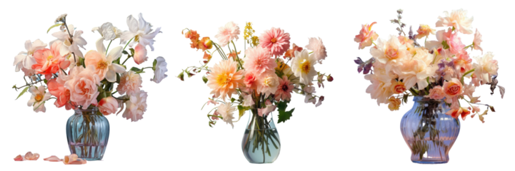 Floral arrangement in transparent vase on dinner table