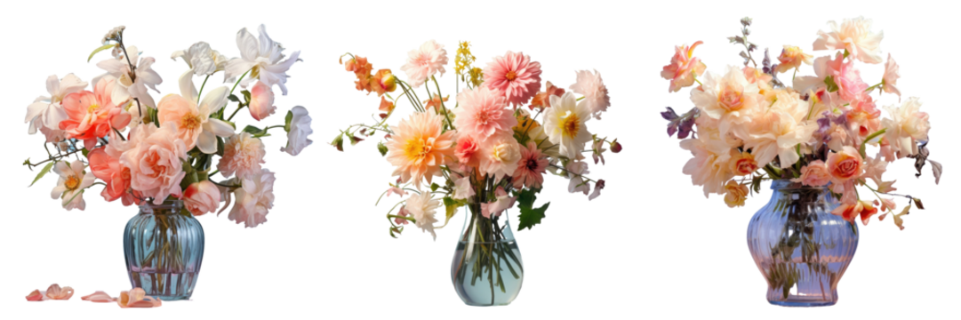 Floral arrangement in transparent vase on dinner table