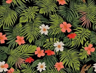 Deurstickers Green seamless floral pattern with flowers, leaf, plant, texture, textile, decoration © prasanth